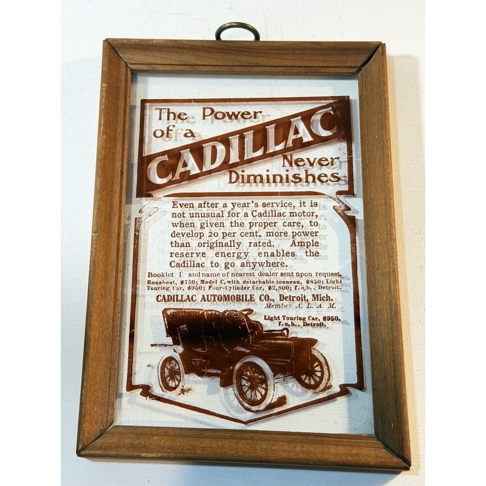 Vintage 1905 Cadillac Automobile Advertising Glass Sign In Wood Frame
